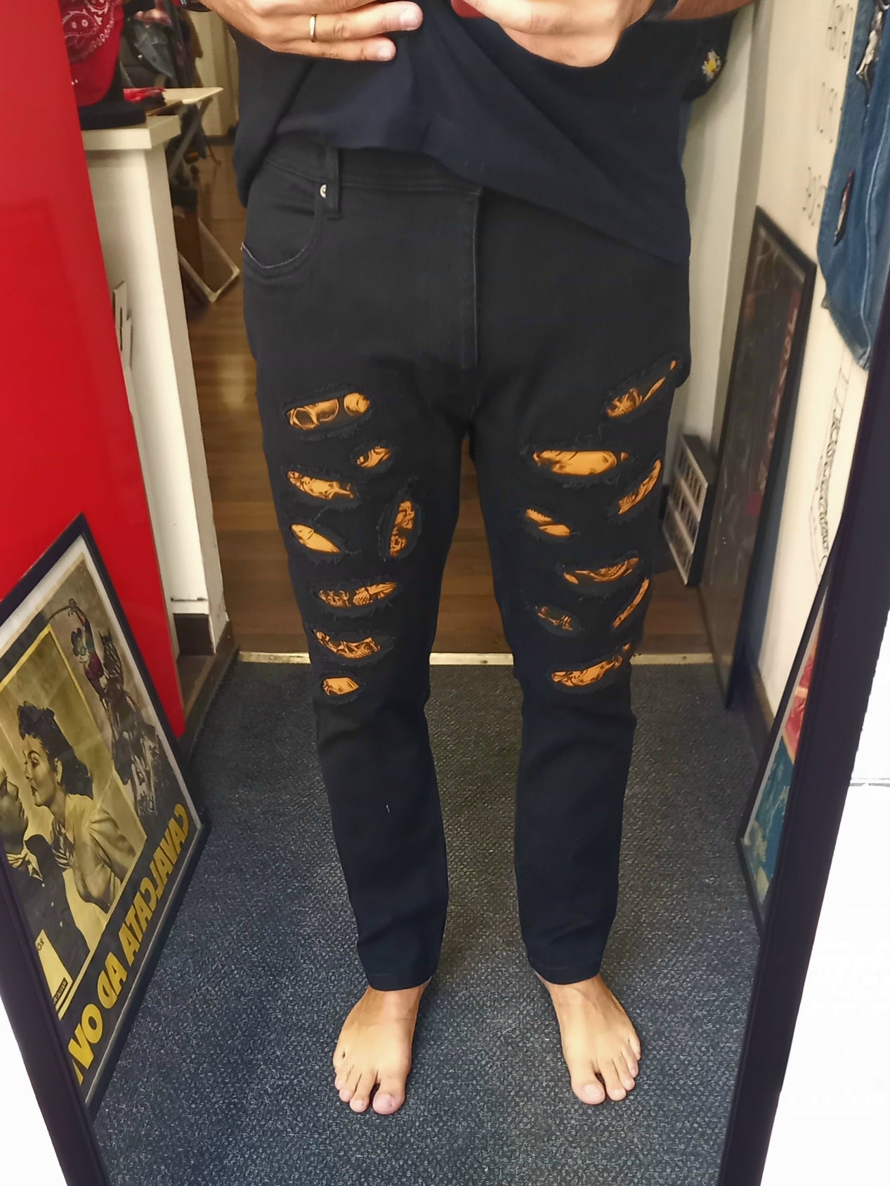 Black Custom Skinny Jeans Orange Skulls
