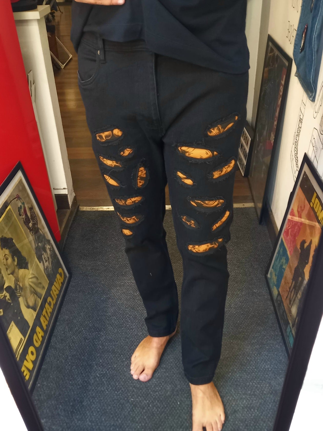 Black Custom Skinny Jeans Orange Skulls
