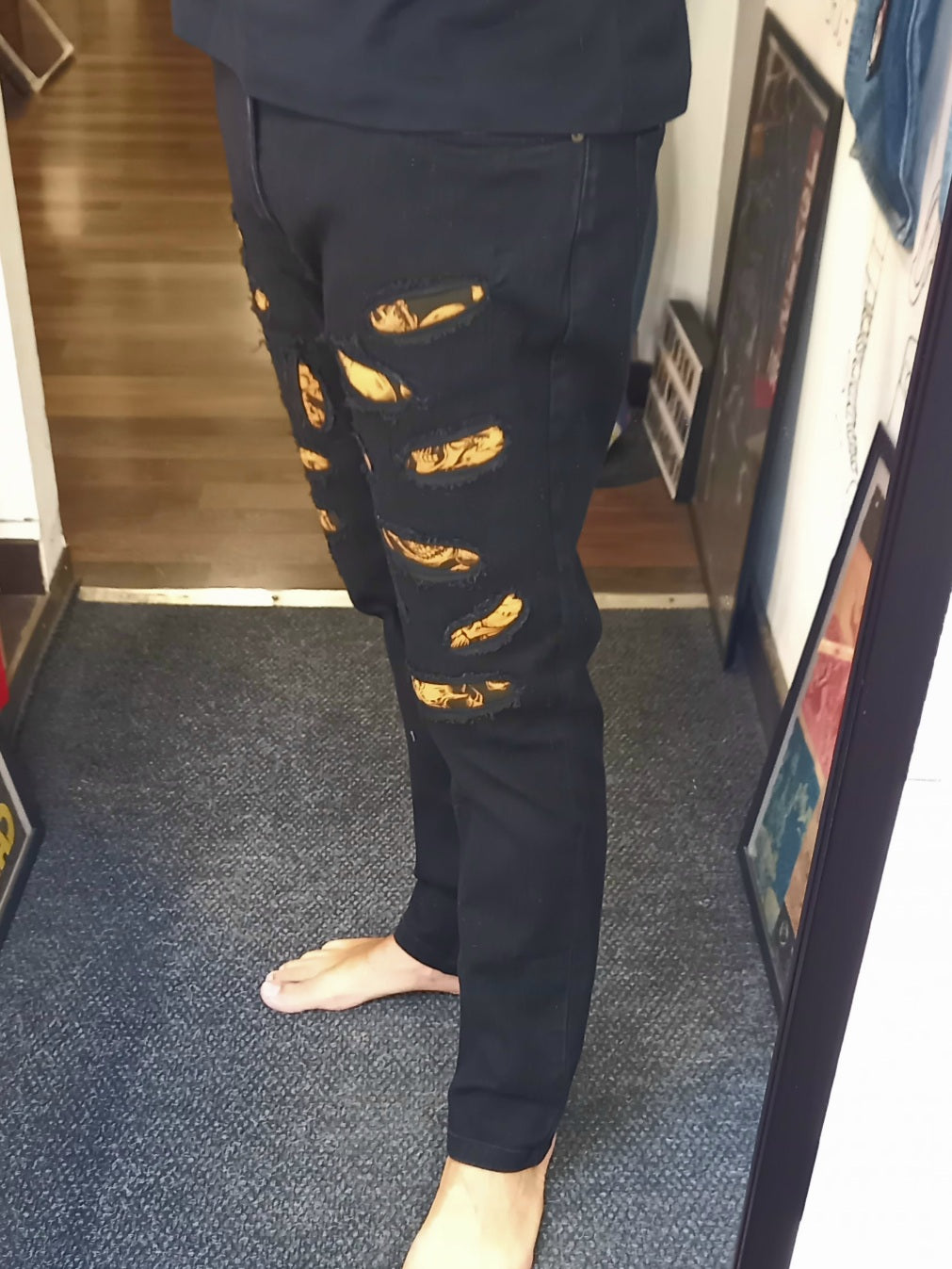 Black Custom Skinny Jeans Orange Skulls