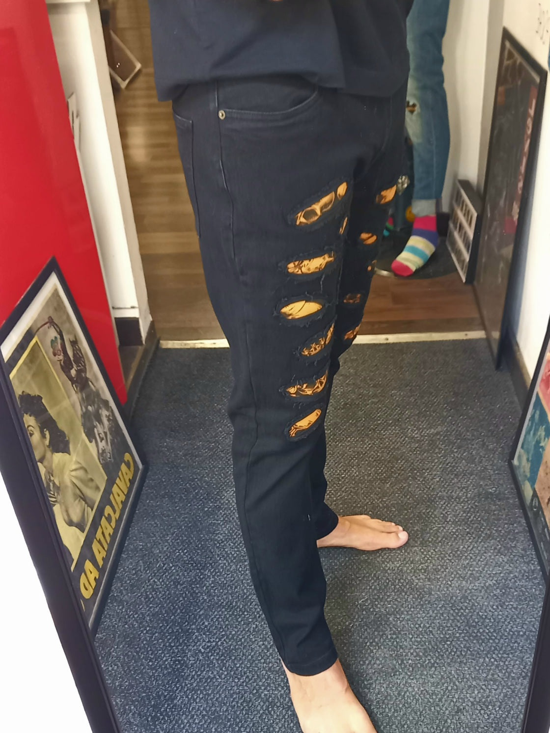 Black Custom Skinny Jeans Orange Skulls