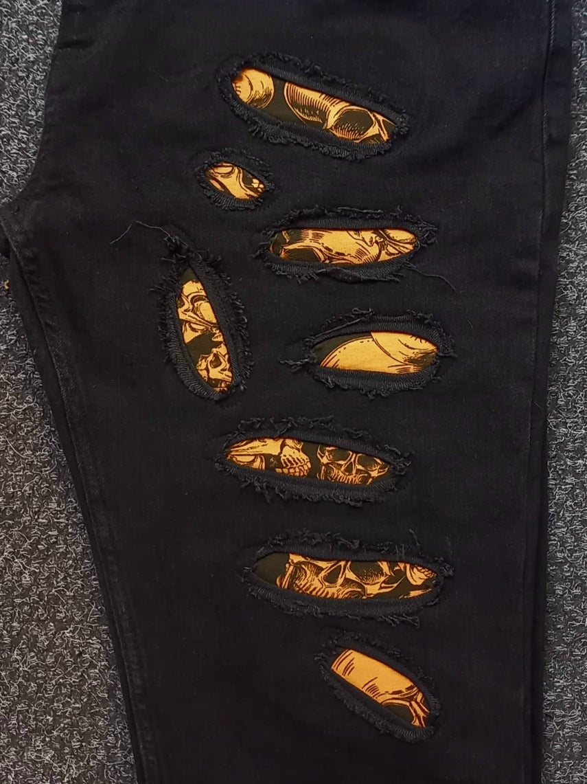 Black Custom Skinny Jeans Orange Skulls