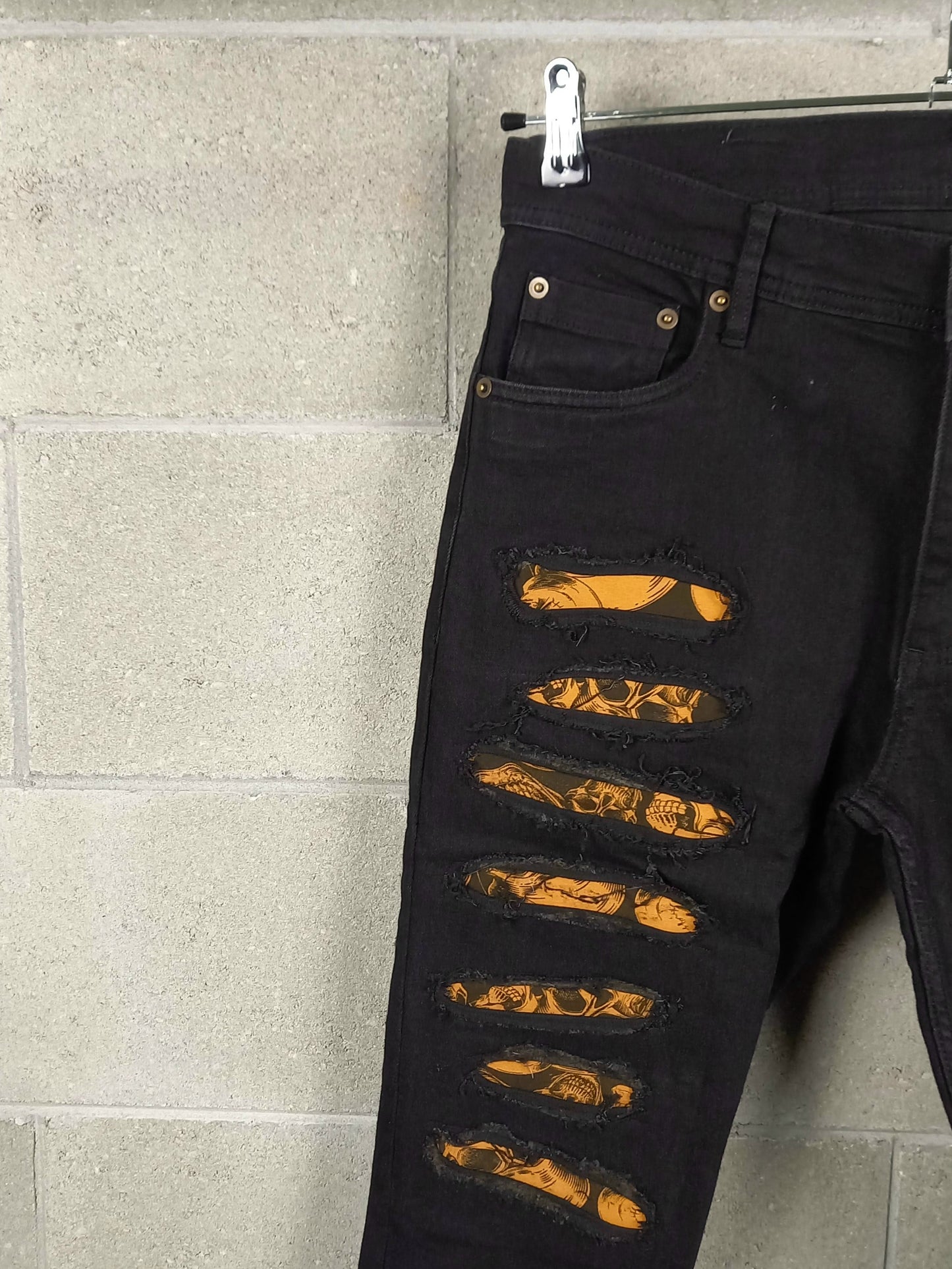 Black Custom Skinny Jeans Orange Skulls