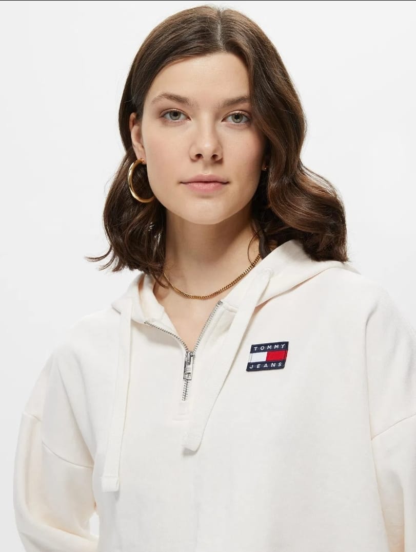 Tommy Hilfiger® Felpa Leggera Crop Corta Donna mezza Zip Ancient White