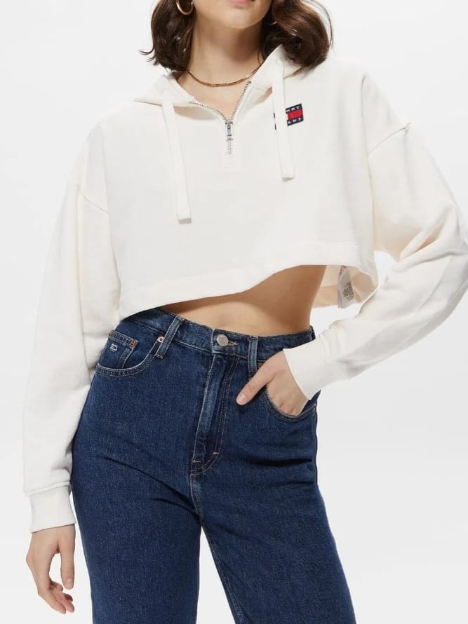 Tommy Hilfiger® Felpa Leggera Crop Corta Donna mezza Zip Ancient White