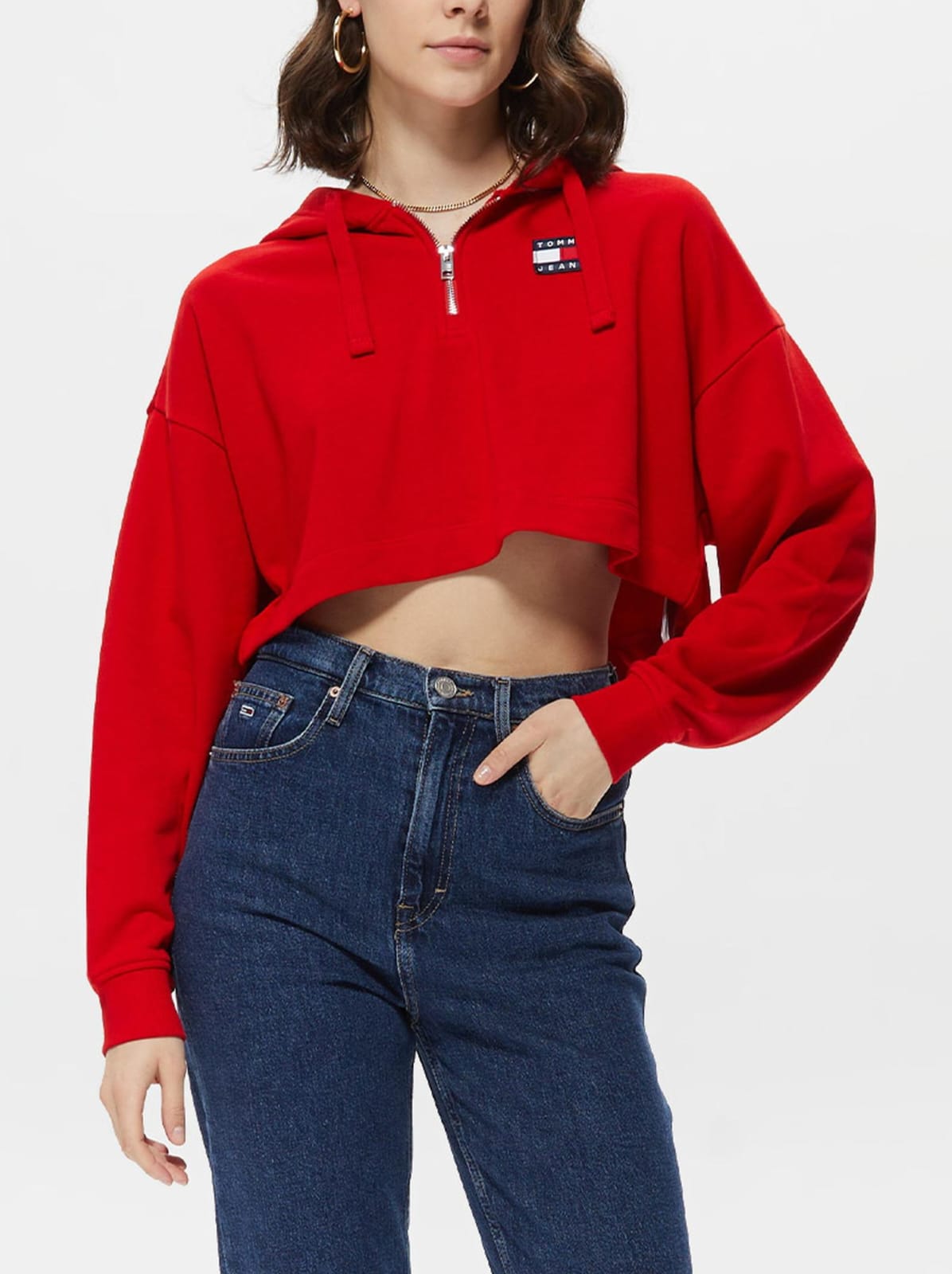 Tommy Hilfiger® Felpa Leggera Crop Corta Donna mezza Zip Red Deep Crimson