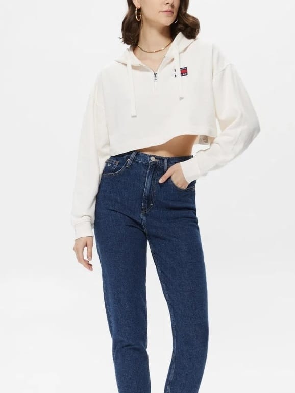Tommy Hilfiger® Felpa Leggera Crop Corta Donna mezza Zip Ancient White